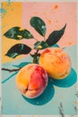 Two peaches with leaves on a colorful background, a staple food in vibrant hues Royalty Free Stock Photo