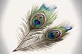 two peacock feathers with a white background and a blue tail and tail are shown in the foreground of the image, with a single