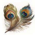 two peacock feathers with a white background and a white background with a white background and a blue and orange feather with a Royalty Free Stock Photo