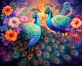 Two peacocks in bloom, generative bloom, and art heart flower floral.