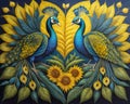 two peacocks in front of a heart with sunflowers.