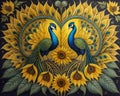 two peacocks in front of a heart with sunflowers.