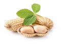 Two peanuts with green leaf isolated on white background Royalty Free Stock Photo