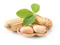 Two peanuts with green leaf isolated on white background Royalty Free Stock Photo