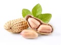 Two peanuts with green leaf isolated on white background Royalty Free Stock Photo