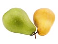 Two pears of different colors lie on a white isolated background Royalty Free Stock Photo