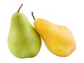 Two pears of different colors standing on white isolated background Royalty Free Stock Photo