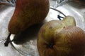 Pears on a silver plate still life design Royalty Free Stock Photo