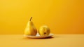 Two pears on a plate on a yellow background, AI Royalty Free Stock Photo