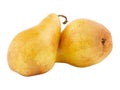 Two pears one on one cloe-up on white isolated background Royalty Free Stock Photo