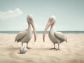 Two pelicans and ball on the beach. 3D illustration. AI Generated Royalty Free Stock Photo