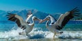 Two Pelicans Interacting in Water with Mountains in Background Royalty Free Stock Photo