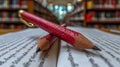 Two pencils are sitting on top of a book open to the page, AI Royalty Free Stock Photo