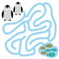 Two penguin and fish on white background labyrinth game for Preschool Children. Vector