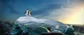Two penguin looking around and see ocean with plastic garbage. High quality 3d illustration render Royalty Free Stock Photo