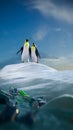 Two penguin looking around and see ocean with plastic garbage. High quality 3d illustration render Royalty Free Stock Photo