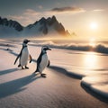 Two penguins on the beach at sunrise, beautiful polar wildlife, arctic landscape nature, generative ai
