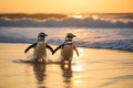 Two penguins coming ashore from Atlantic ocean, blue sea, Generated AI Royalty Free Stock Photo