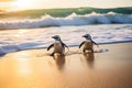 Two penguins coming ashore from Atlantic ocean, sunlight, Generated AI Royalty Free Stock Photo