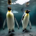 Two penguins diving beneath waves.
