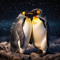 Two penguins. King penguin couple cuddling wild nature green background. Two penguins making love. in the grass Royalty Free Stock Photo