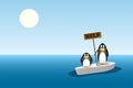Two penguins standing on the last ice floe in the ocean. global warming concept