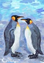 Two penguins look at each other. Children`s drawing