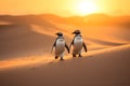 Two penguins lost walking in desert sand dunes Royalty Free Stock Photo