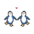 Two penguins in love. Cute pixel penguins. 8 bit vector illustration. Winter animals.