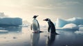 Two penguins stand on melting ice in Arctic Ocean global warming concept, world global planet climate change. Two cute emperor