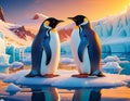 Two penguins stand on melting ice in Arctic Ocean global warming concept, world global plane Royalty Free Stock Photo