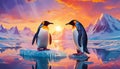 Two penguins stand on melting ice in Arctic Ocean global warming concept, world global plane Royalty Free Stock Photo