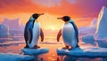 Two penguins stand on melting ice in Arctic Ocean global warming concept, world global plane Royalty Free Stock Photo