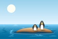 Two penguins stand on a sand island in the ocean. global warming concept Royalty Free Stock Photo