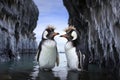 two penguins standing side by side on an icy shore Royalty Free Stock Photo