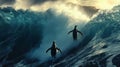 Two Penguins Surfing a Giant Ocean Wave Royalty Free Stock Photo