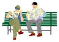 Two pensioners read newspapers on the bench in the park. Royalty Free Stock Photo