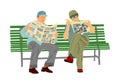 Two pensioners read newspapers on the bench in park. Vector illustration isolated on white background. Royalty Free Stock Photo