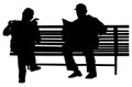 Two pensioners read newspapers on the bench in park vector silhouette.