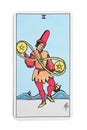 The Two of Pentacles tarot card on white background, top view