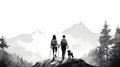 Minimalist Black And White Illustration Of Couple Hiking With Dogs