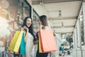 Two people asian woman funny and happy about shopping at the out Royalty Free Stock Photo