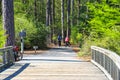 Two people on bikes on riding on a trail with a brown wooden bridge surrounded by lush green trees and plants at Callaway Gardens Royalty Free Stock Photo