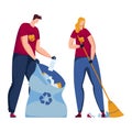 Two people cleaning, man putting trash into recycle bin, woman sweeping floor. Volunteers picking litter, promote