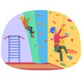 Two people climbing on a rock-climbing wall vector illustration.