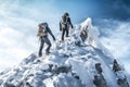 Two people climbing up a snowy mountain with backpacks. Suitable for adventure, hiking, and outdoor activities