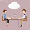 Two people in co working space and cloud concept