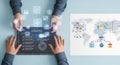 Two people collaborate on a digital tablet displaying optimization charts and global network strategy Royalty Free Stock Photo