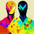 Two people in colorful splashes. Two multicolor silhouettes. Stylized bright portrait of people. AI-generated