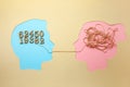 Two people communicate face to face, man and woman. Concept decoding and understanding problem, conflict.